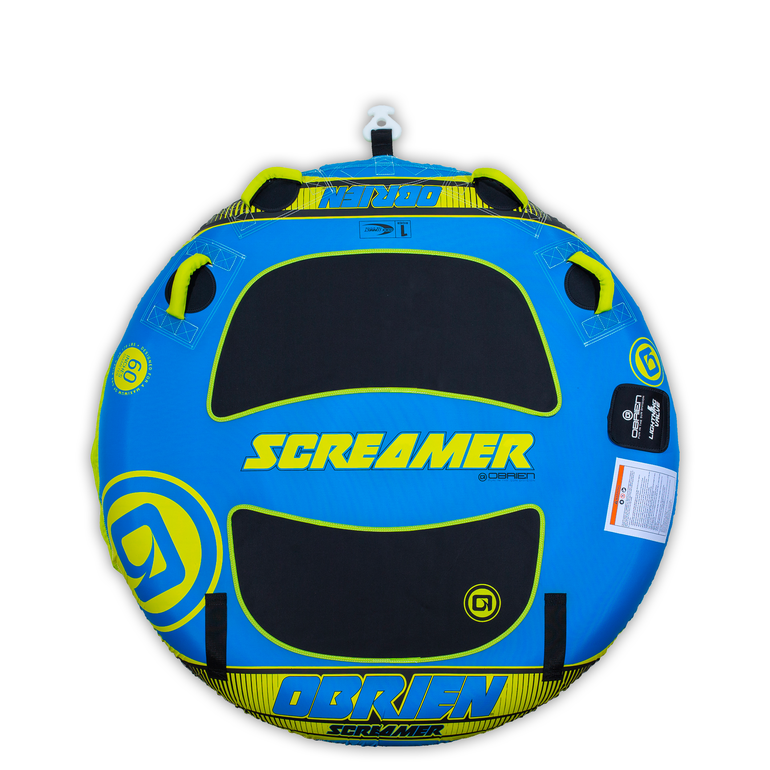 Top view of the round blue and black O'Brien Screamer, a single-rider towable tube with four handles.
