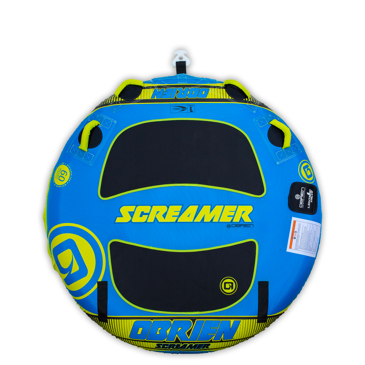 Top view of the round blue and black O'Brien Screamer, a single-rider towable tube with four handles.
