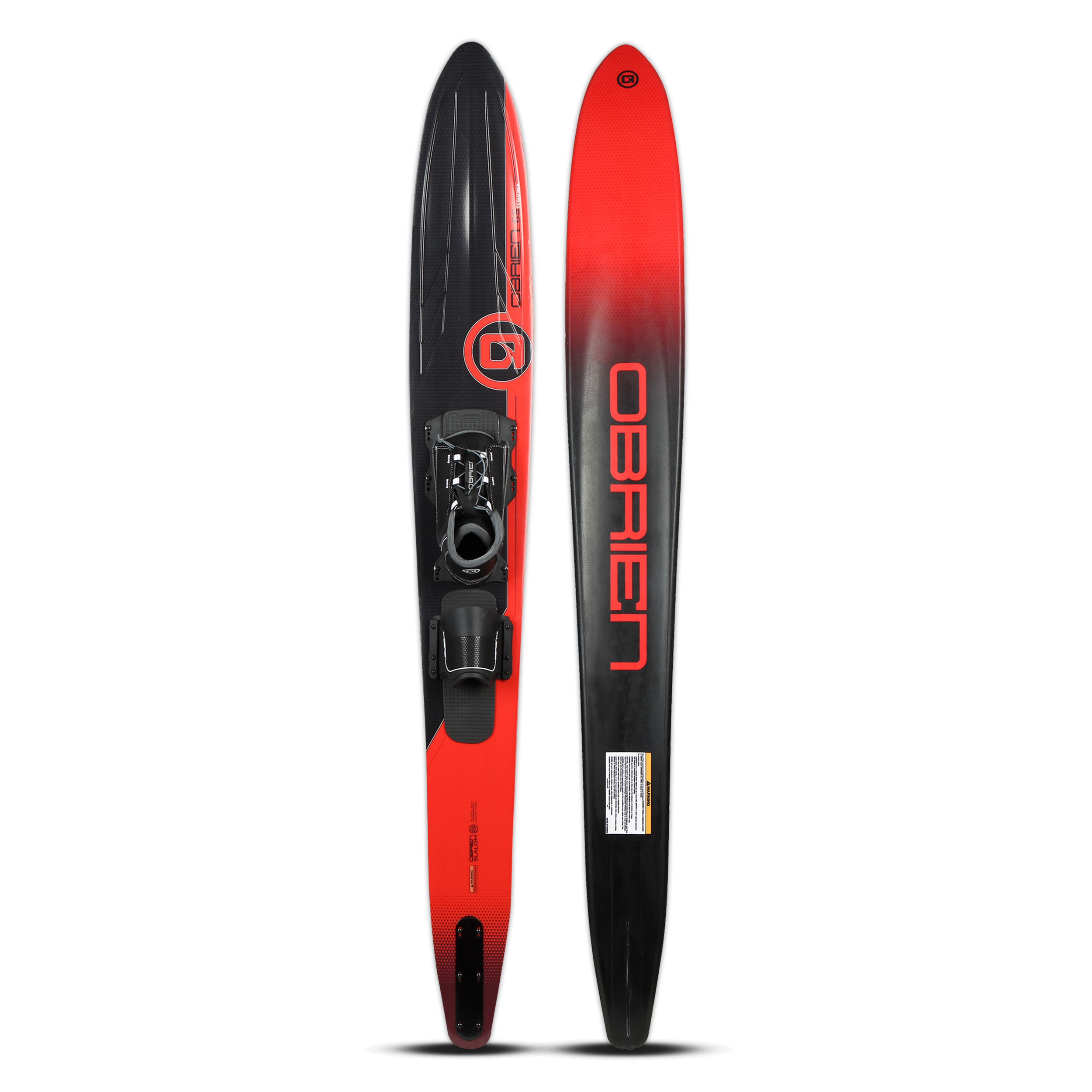 Top and base view of the O'Brien Sequence with Z9 Bindings, featuring a red-to-black gradient and an adjustable binding.