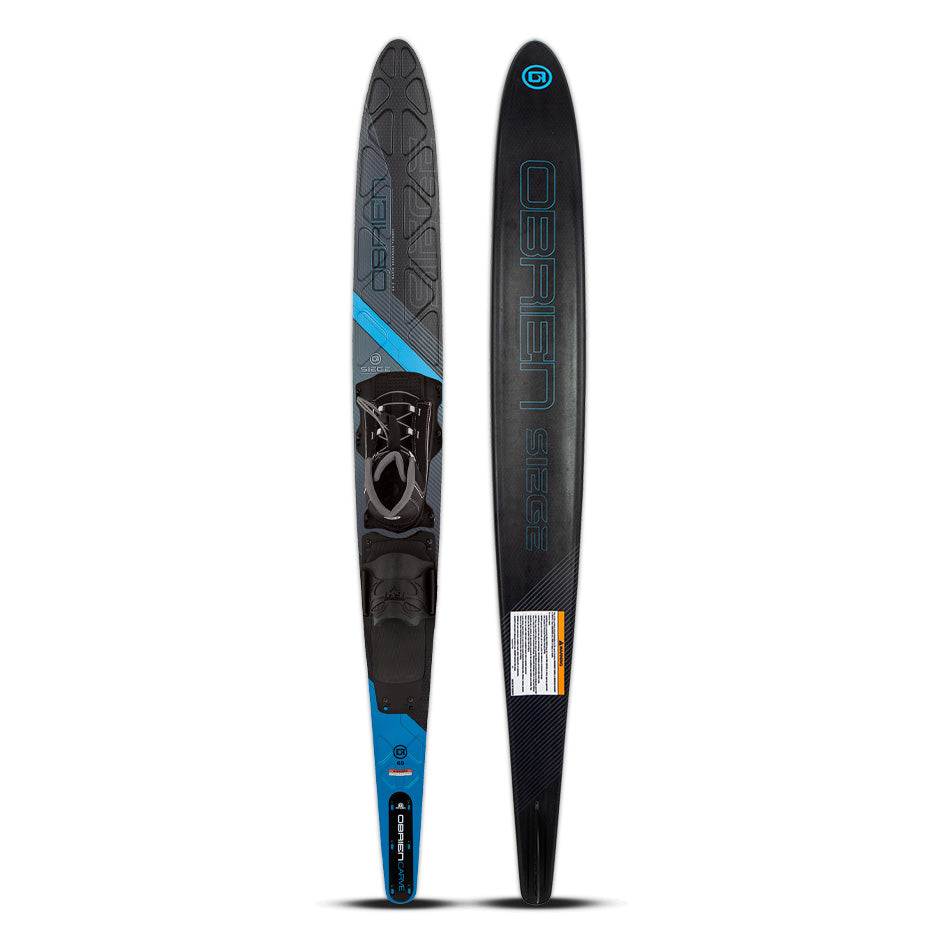 O'Brien Siege 64.5" Slalom Waterski with Z9 binding, shown from the top and base, featuring an adjustable binding.