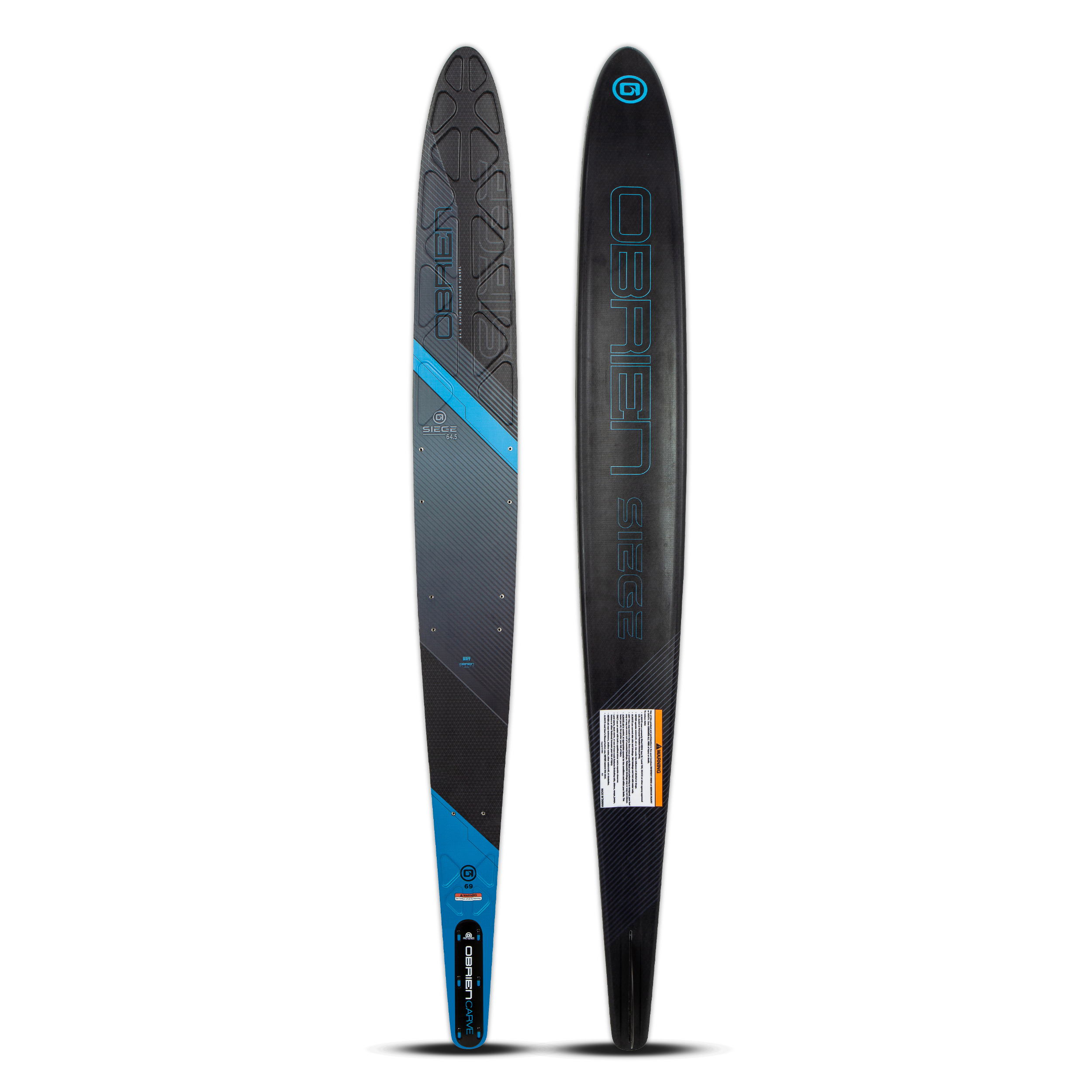 Top and base view of the O'Brien Siege 64.5" Slalom Waterskis with a black design, blue accents, and textured footbed.