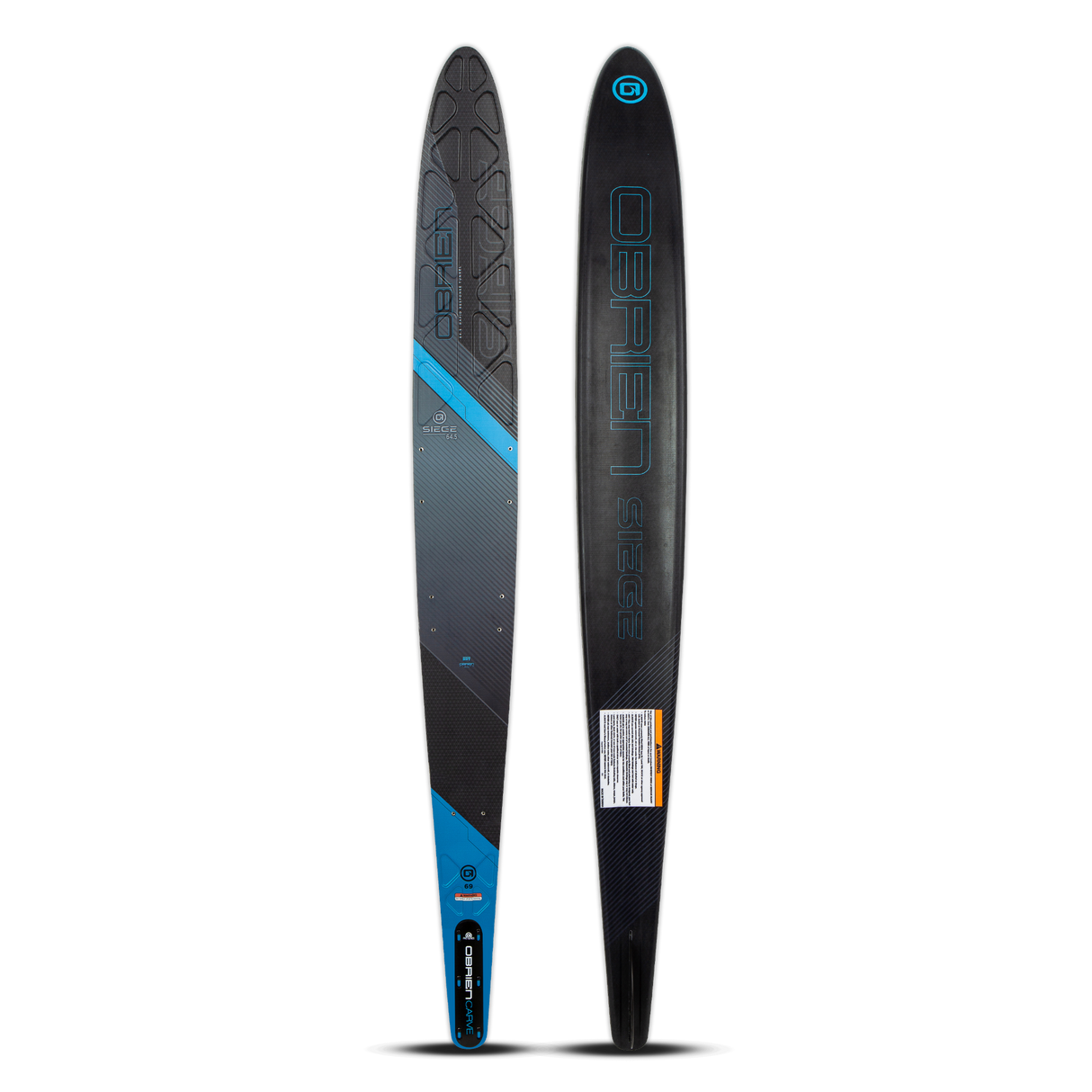 Top and base view of the O'Brien Siege 64.5" Slalom Waterskis with a black design, blue accents, and textured footbed.