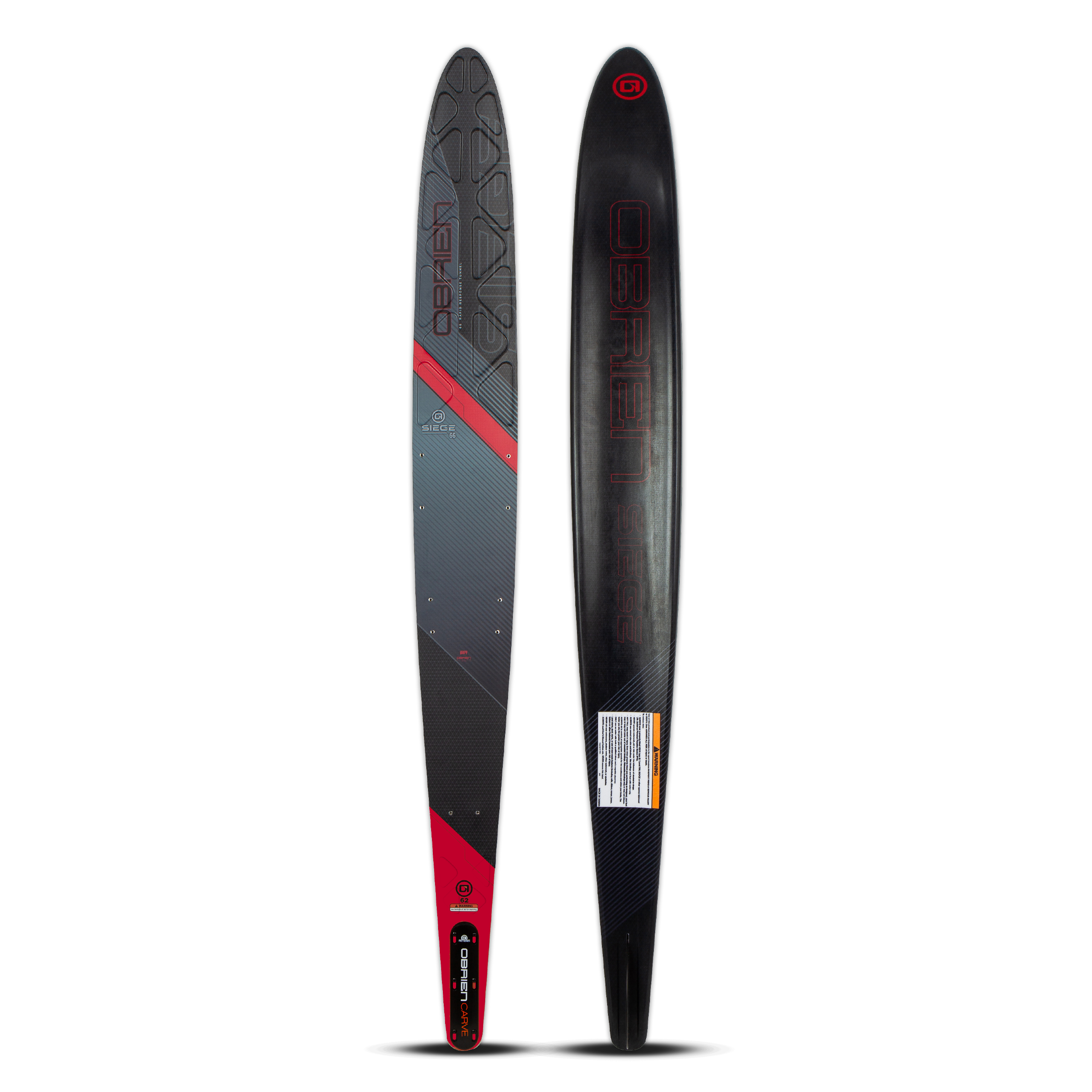 Top and base view of the O'Brien Siege 66" Slalom Waterskis with a black design, red accents, and textured footbed.