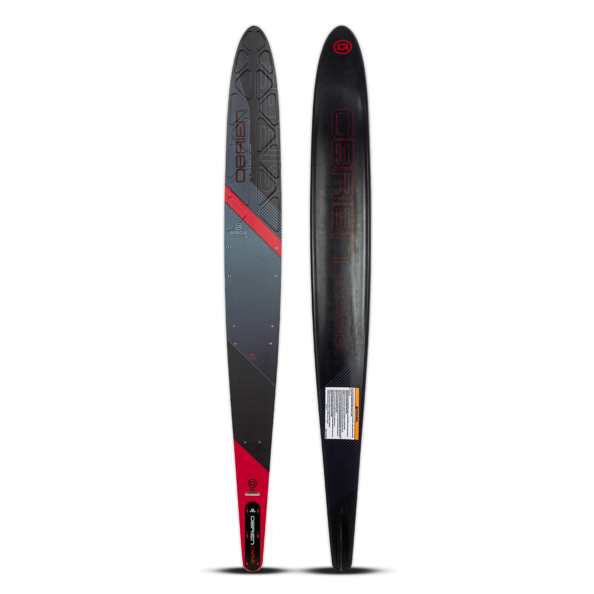 Top and base view of the O'Brien Siege 66" Slalom Waterskis with a black design, red accents, and textured footbed.