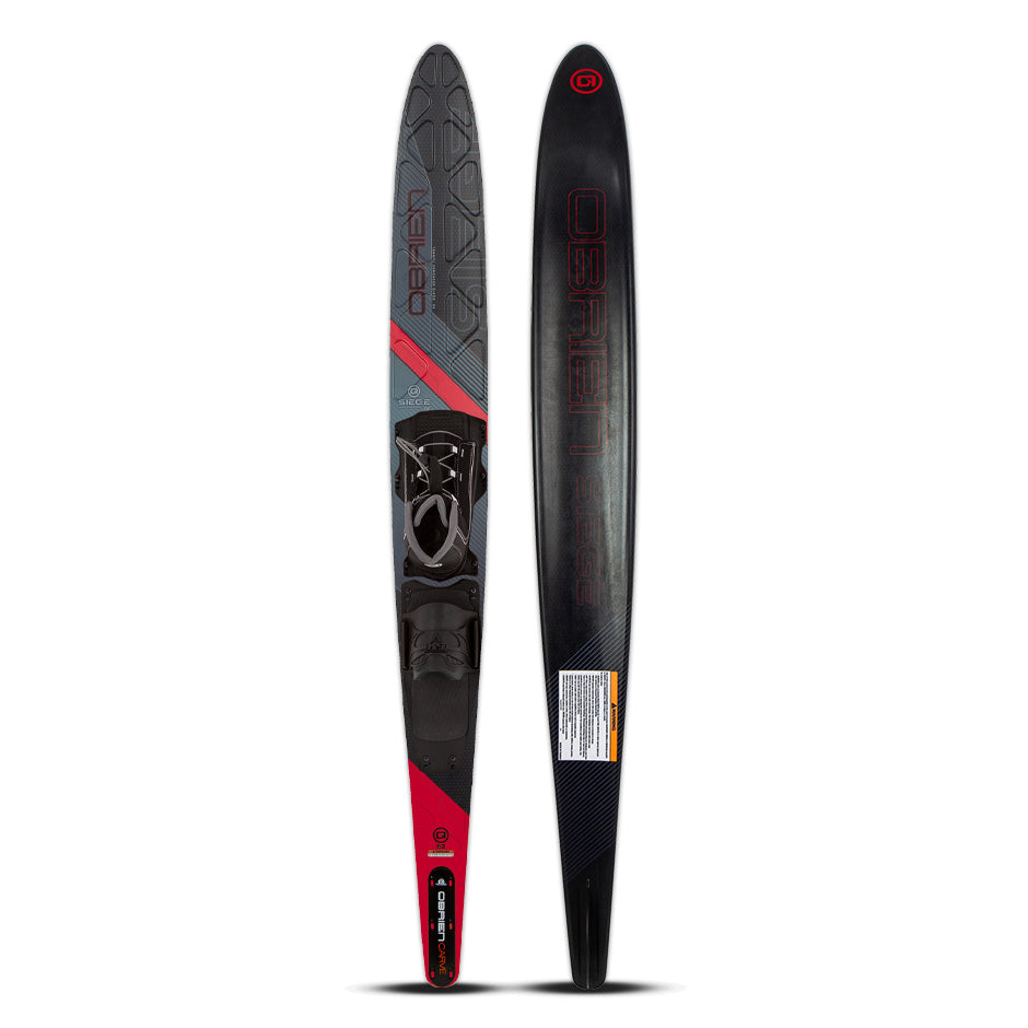 O'Brien Siege 66" Slalom Waterski with Z9 binding, shown from the top and base, featuring an adjustable binding.