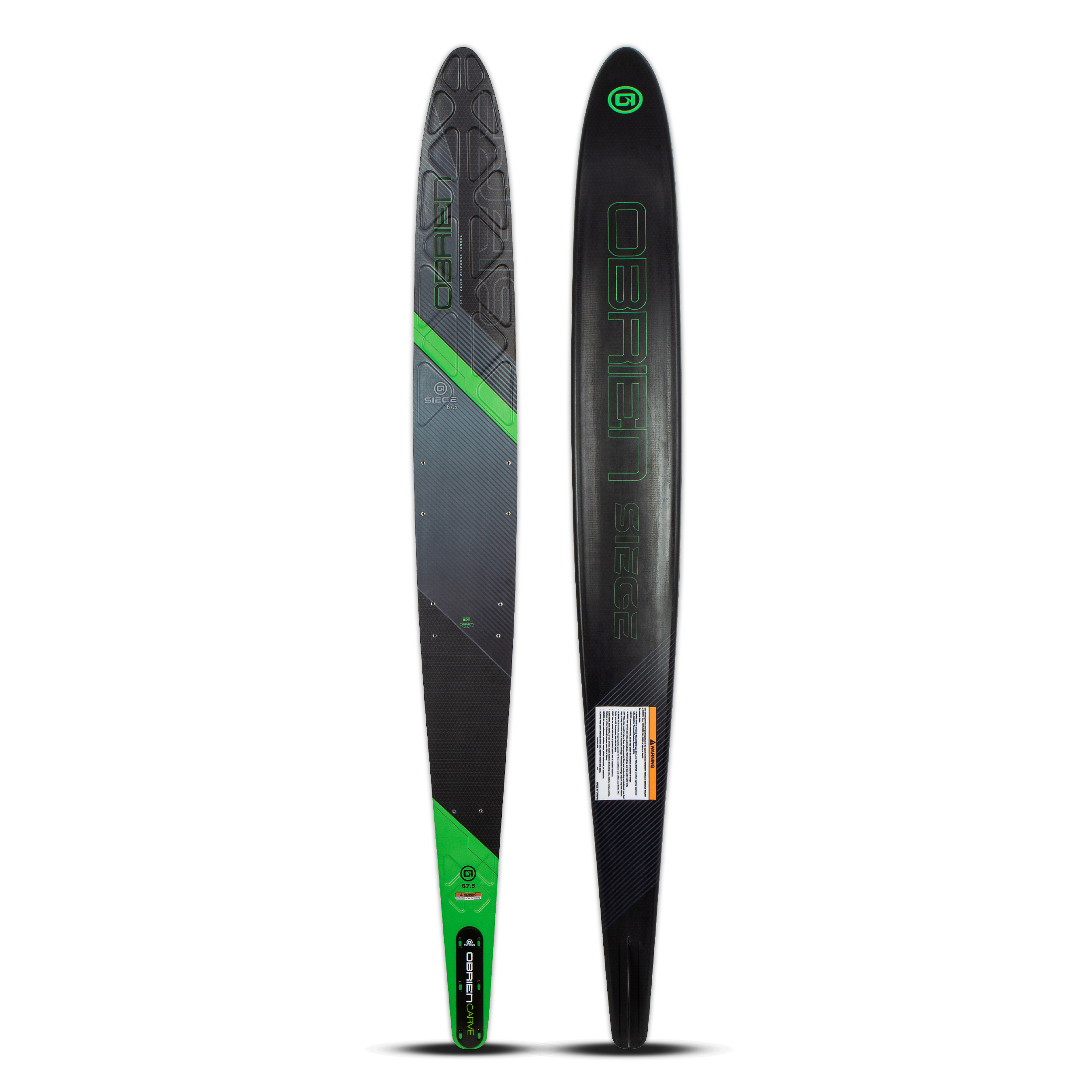 Top and base view of the O'Brien Siege 67.5" Slalom Waterskis with a black design, green accents, and textured footbed.