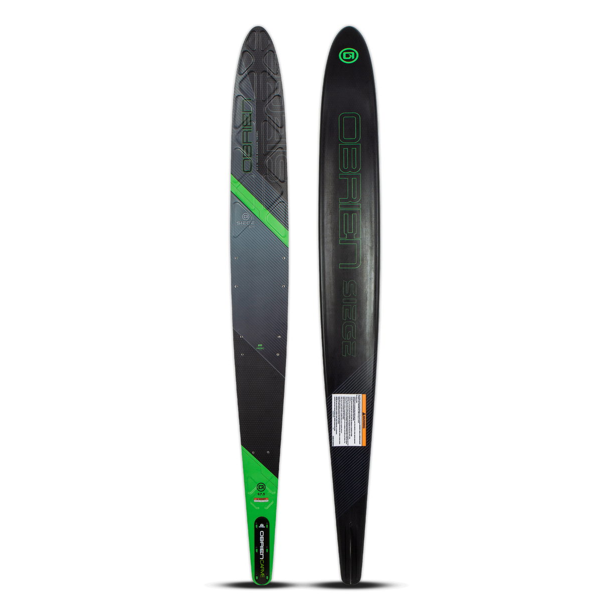 Top and base view of the O'Brien Siege 67.5" Slalom Waterskis with a black design, green accents, and textured footbed.