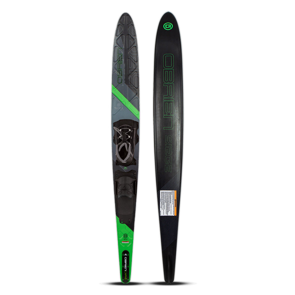 O'Brien Siege 67.5" Slalom Waterski with Z9 binding, shown from the top and base, featuring an adjustable binding.