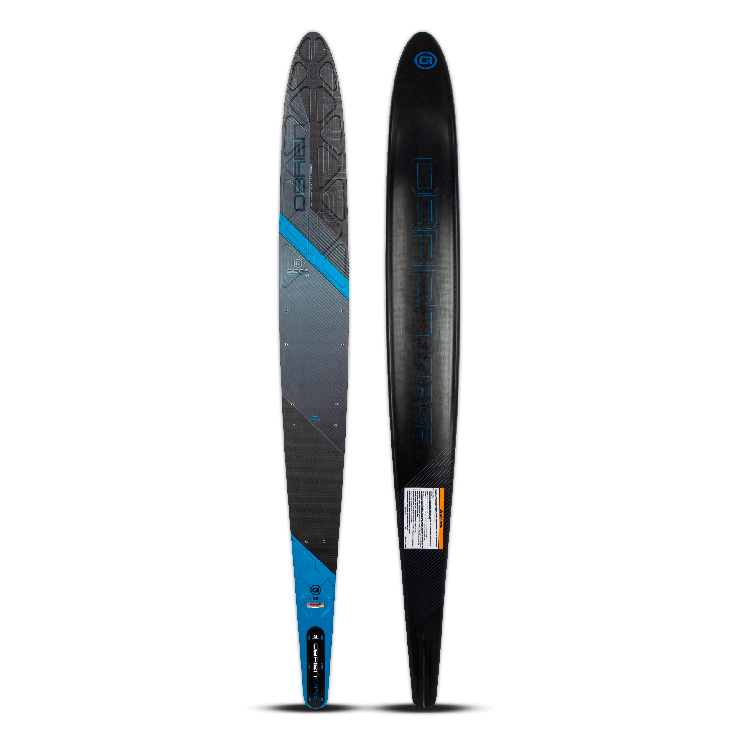 Top and base view of the O'Brien Siege 69" Slalom Waterskis with a black design, blue accents, and textured footbed.