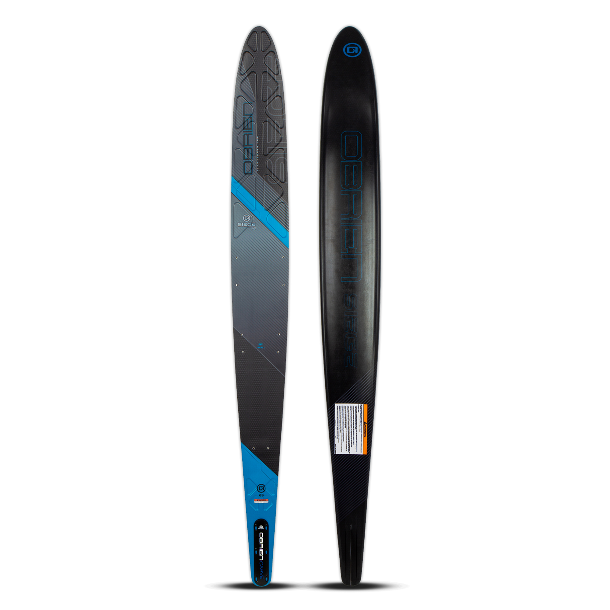 Top and base view of the O'Brien Siege 69" Slalom Waterskis with a black design, blue accents, and textured footbed.
