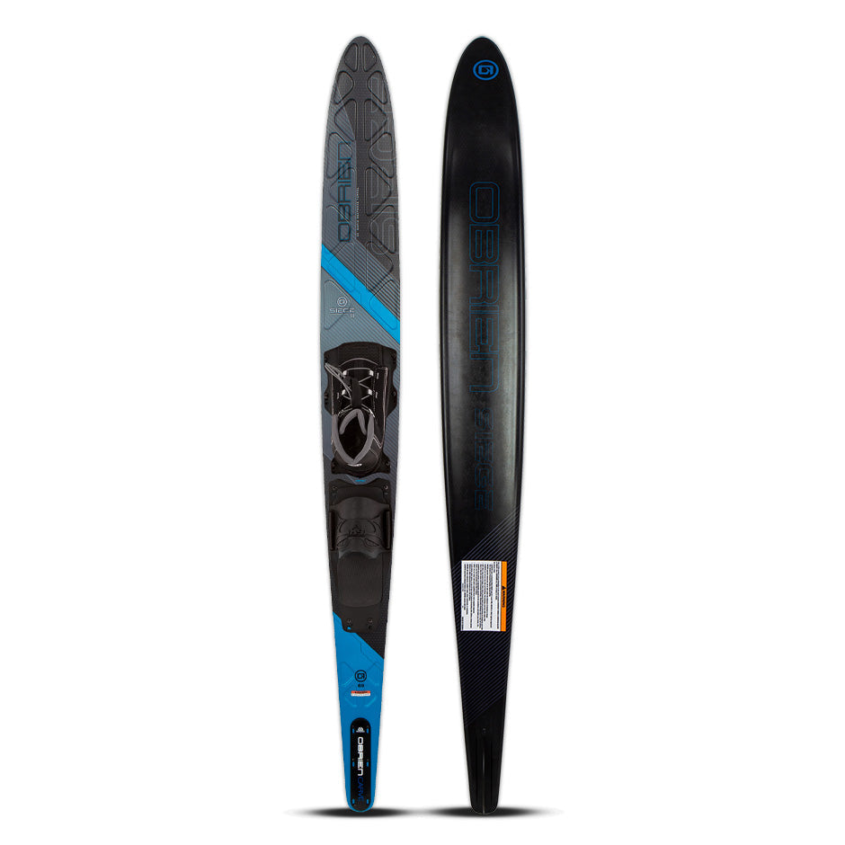 O'Brien Siege 69" Slalom Waterski with Z9 binding, shown from the top and base, featuring an adjustable binding.
