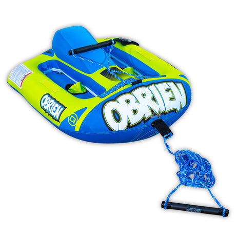 Angled view of the O'Brien Simple Trainer Inflatable Ski in blue and lime green with a soft seat, foot straps, and tow rope.