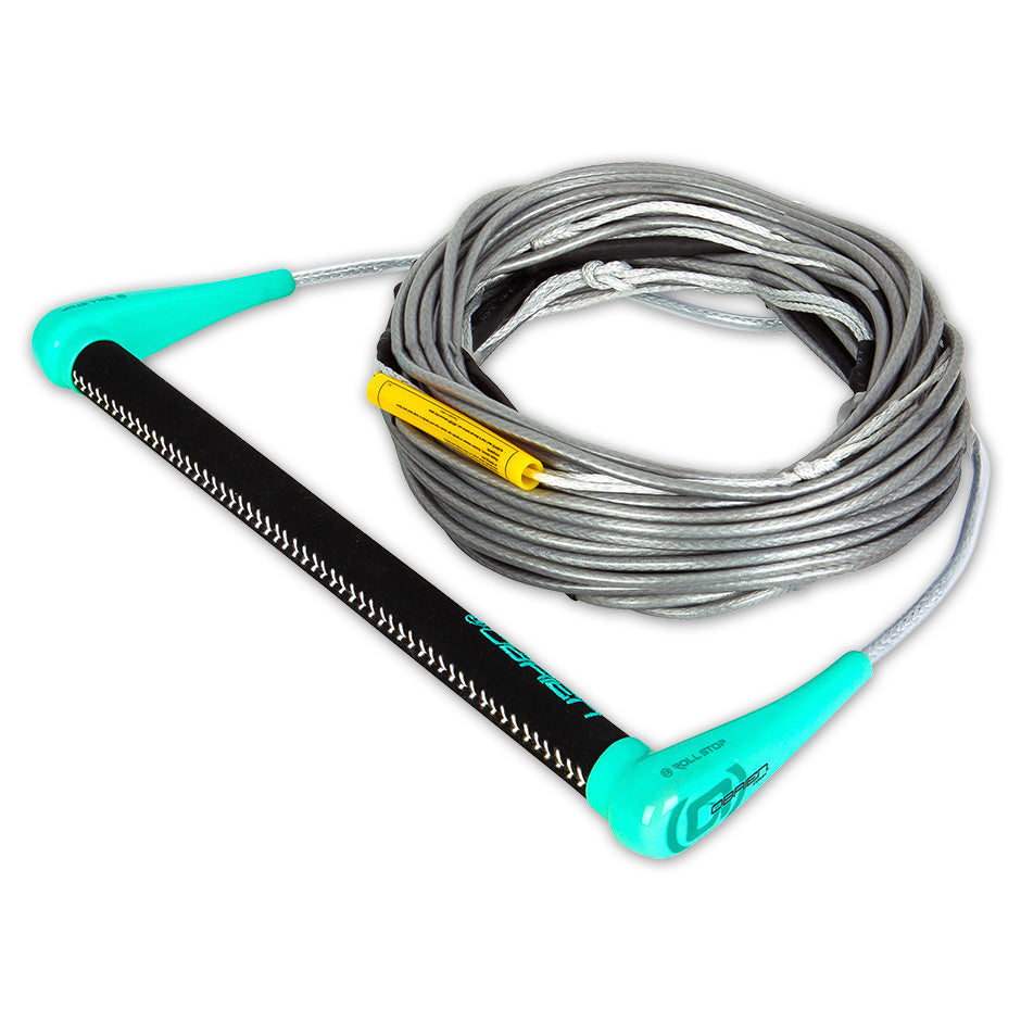Angled view of the O'Brien Small Diameter Comp Handle with Silicone Line Combo, with a teal handle with a gray rope.