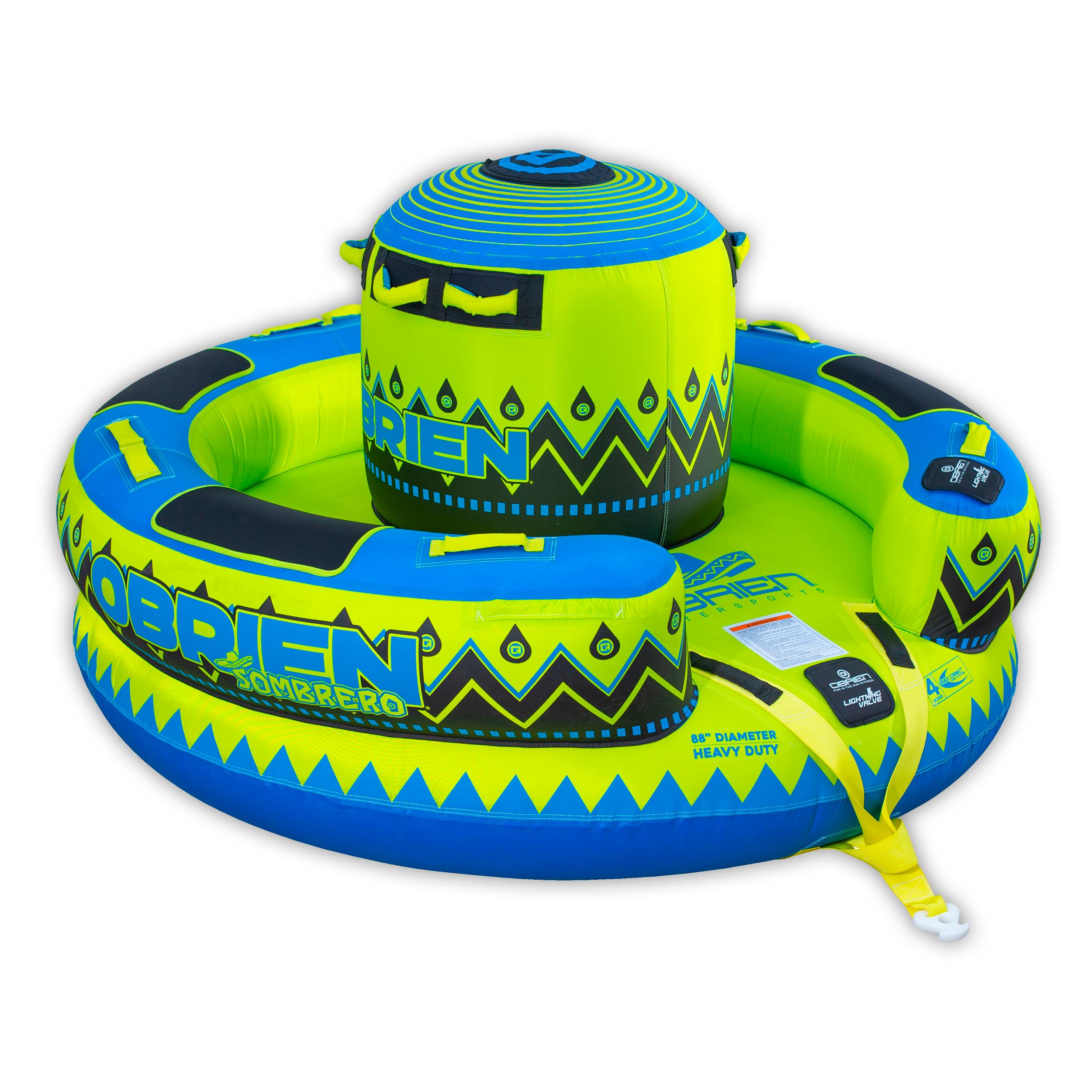 Angled view of the O'Brien Sombrero Towable Tube in blue, green, and black, with a central seat and cushioned outer ring.