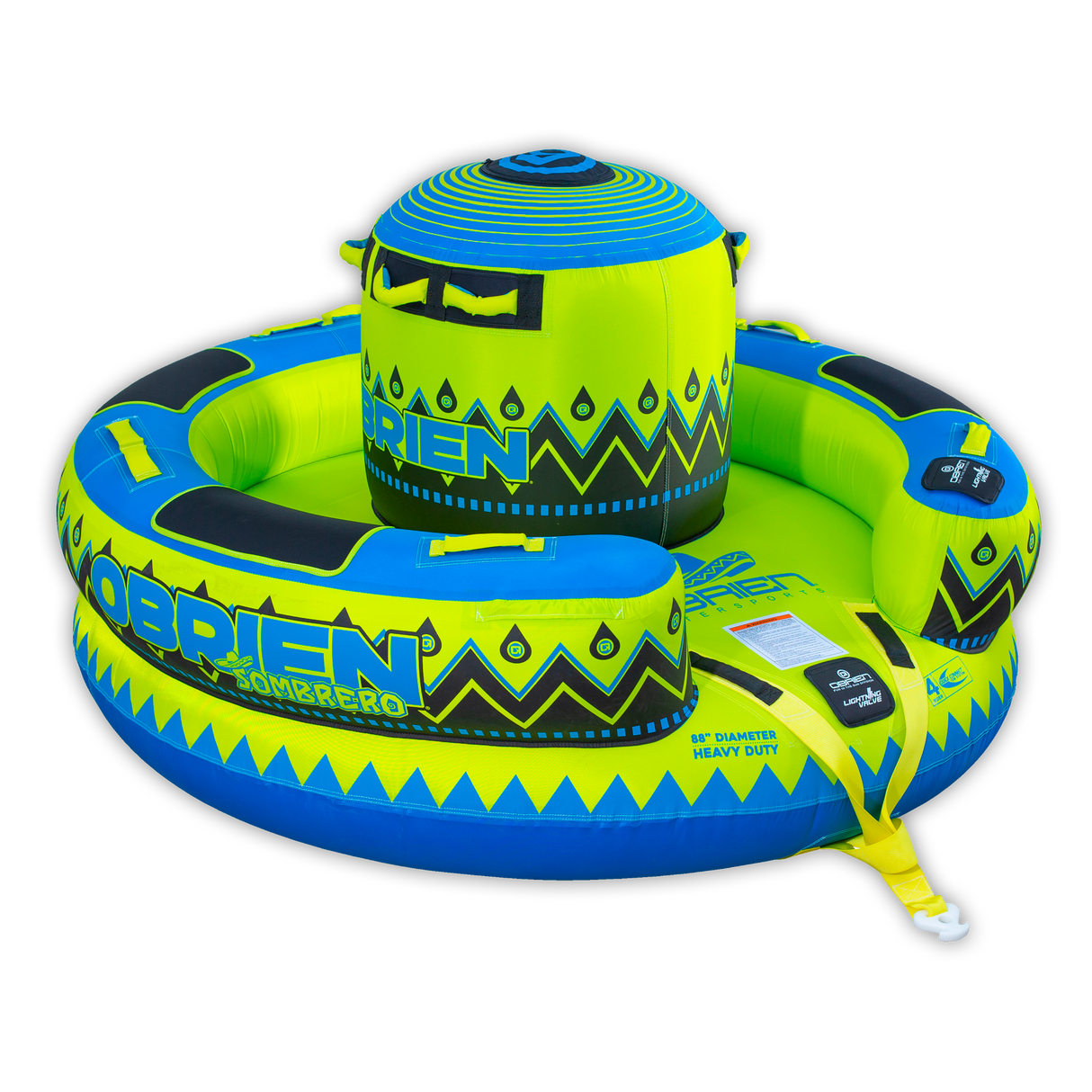 Angled view of the O'Brien Sombrero Towable Tube in blue, green, and black, with a central seat and cushioned outer ring.