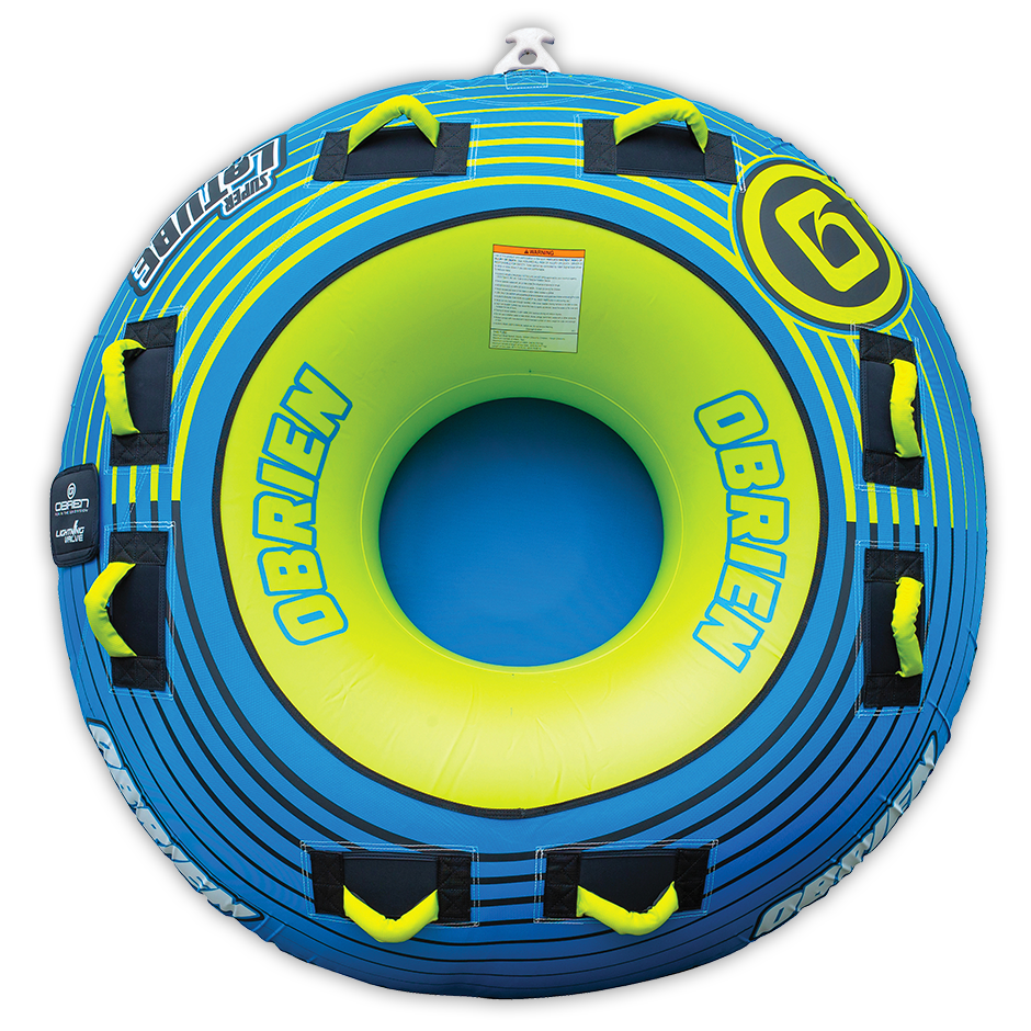 Top view of the O'Brien Super LeTube Towable Tube, a large blue and yellow inflatable with multiple black handles.