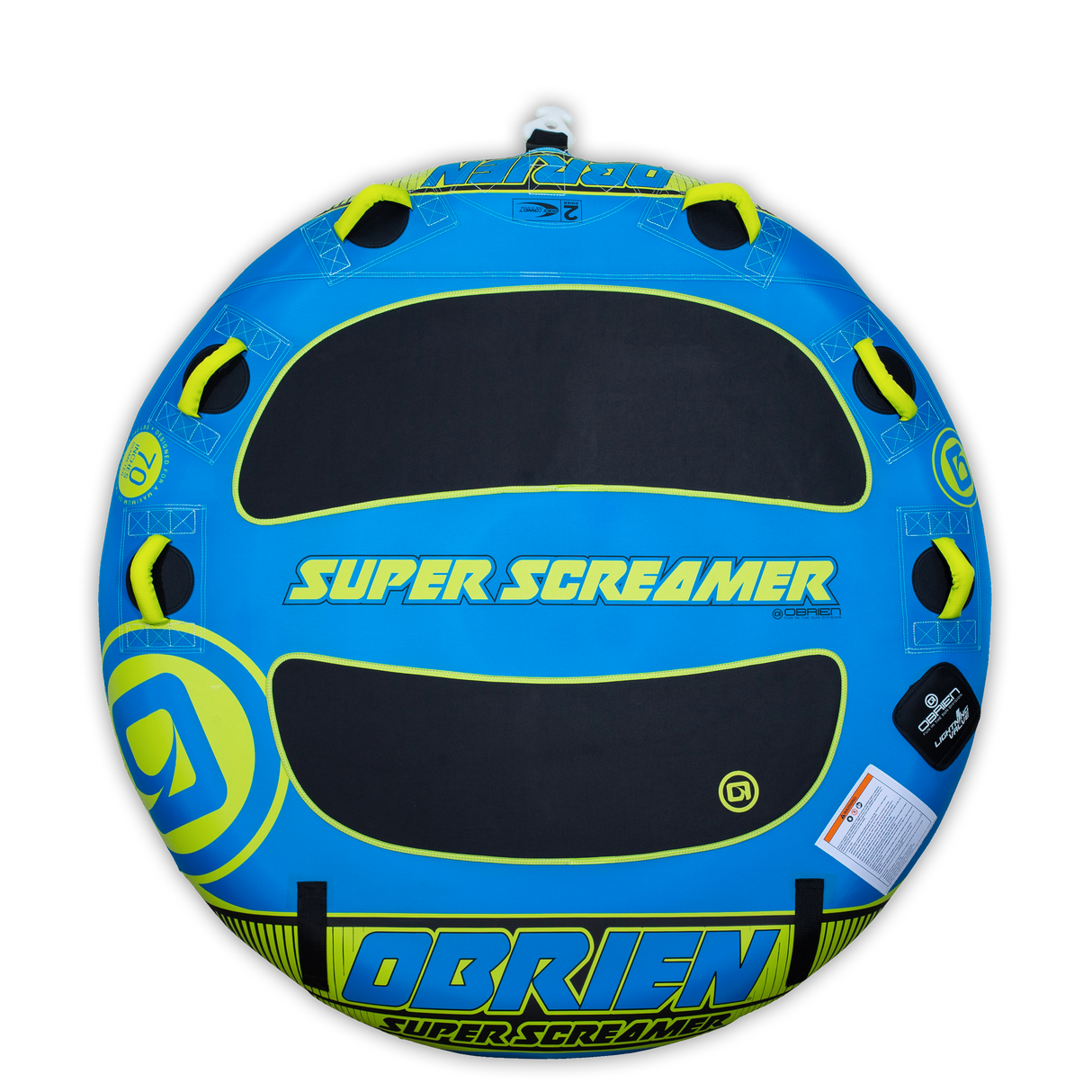O'Brien Super Screamer Boat Tube in blue with black and yellow, featuring four handles and bold "Super Screamer" text.