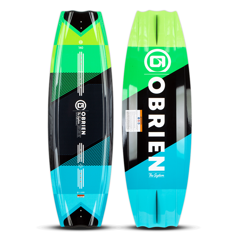 O'Brien System Wakeboard 140, top and bottom view, green, black, and blue design with bold branding and sharp edges.