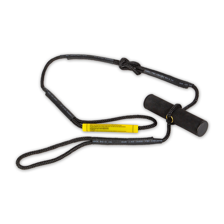 Angled view of the O'Brien T-Bar Attachment in black, featuring a compact design with a padded grip and rope loops.