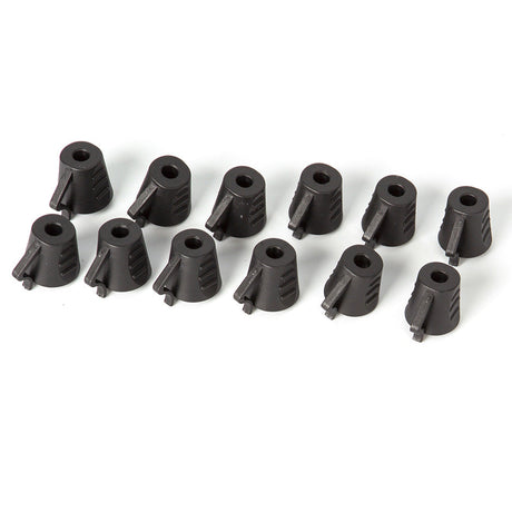 Set of ten small black plastic clips with grip texture, designed for securing wakeboard bindings.