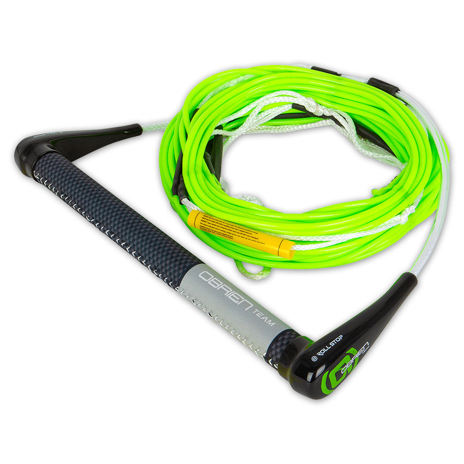 Angled view of the O'Brien Team Handle with Silicone Line Combo, with a black grip handle and neon green rope.