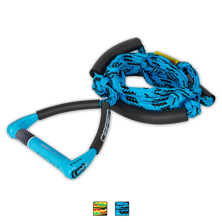 O'Brien Team Surf Rope in aqua, with a blue and black braided rope, a textured handle, and black foam floats for grip.