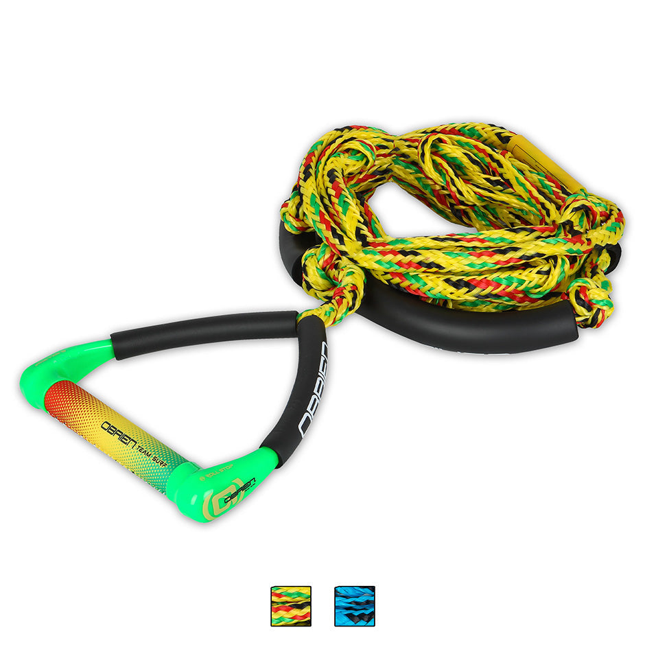 O'Brien Team Surf Rope in rasta colors, featuring a green, yellow, and red rope with a padded handle and black foam floats.