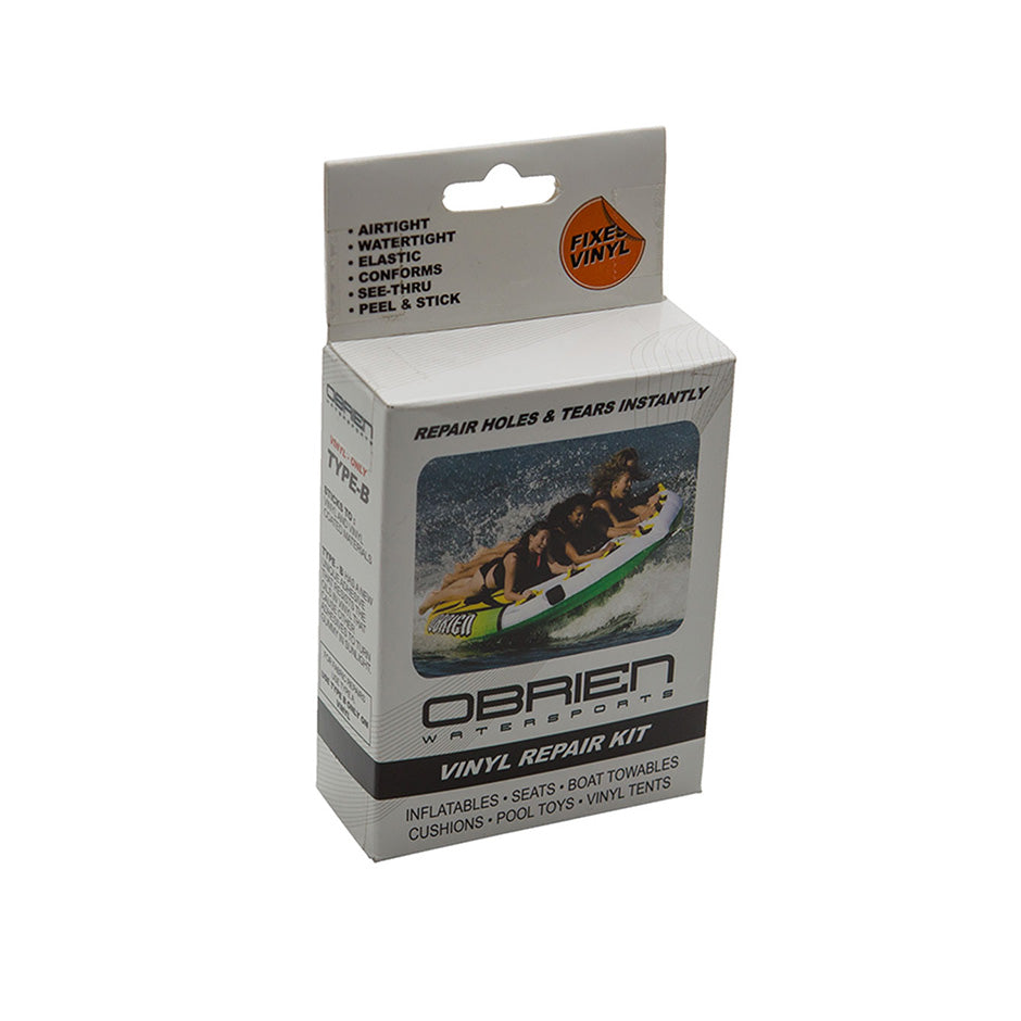 O'Brien Tear Aid Patch Kit, a repair kit in a white box featuring an image of a group riding a towable tube.