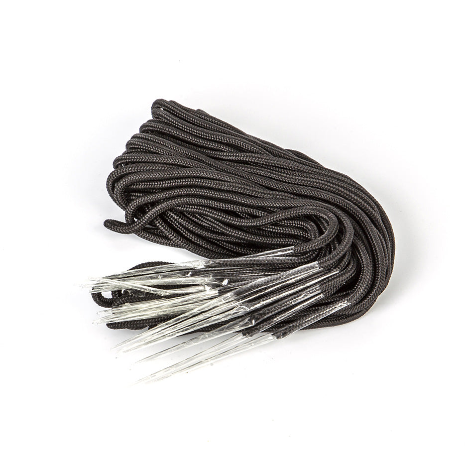 Bundle of thick black binding laces with clear plastic aglets, designed for wakeboard bindings.