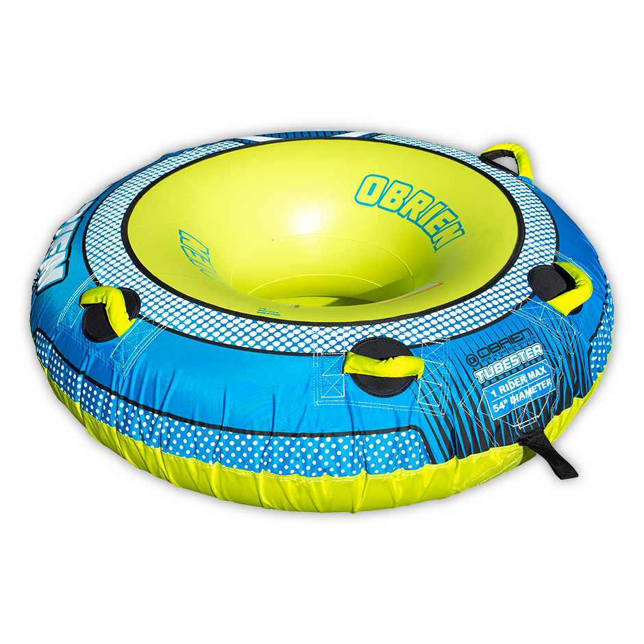 Angled view of the O'Brien Tubester Towable Tube, a round blue and yellow inflatable tube with black and yellow handles.