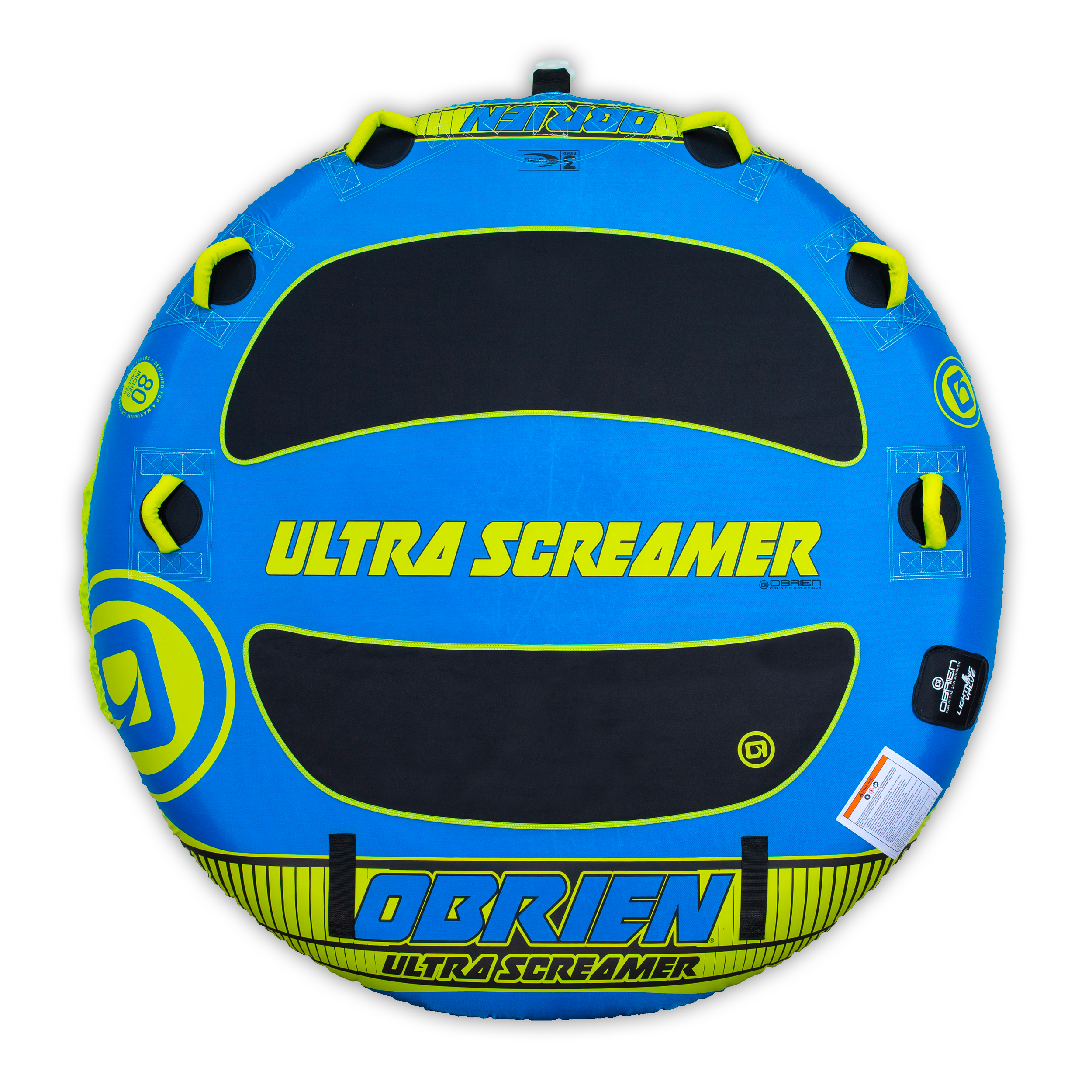 Top view of the blue and black O'Brien Ultra Screamer, a two-rider towable tube with six handles.