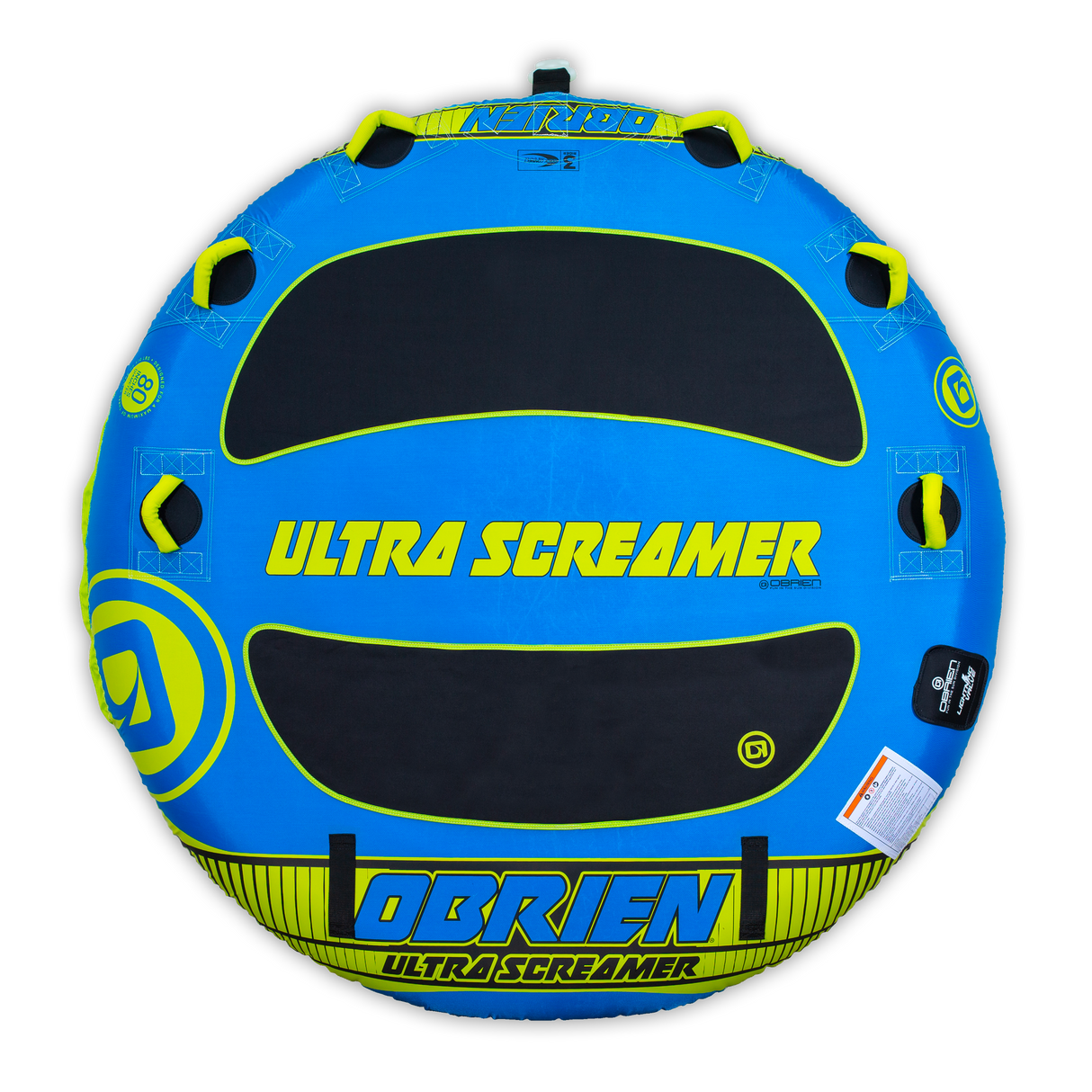 Top view of the blue and black O'Brien Ultra Screamer, a two-rider towable tube with six handles.