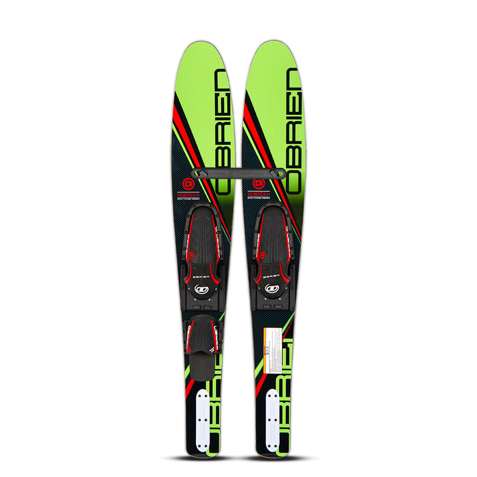Top and base view of the O'Brien Vortex 54" Combo Waterskis in green with black and red details, featuring a stabilizer bar.