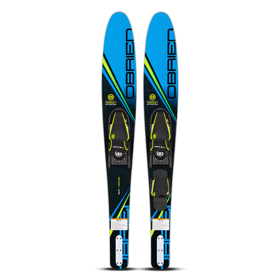 Top and base view of the O'Brien Vortex 65.5" Combo Waterskis in blue with black and yellow details, and adjustable bindings.
