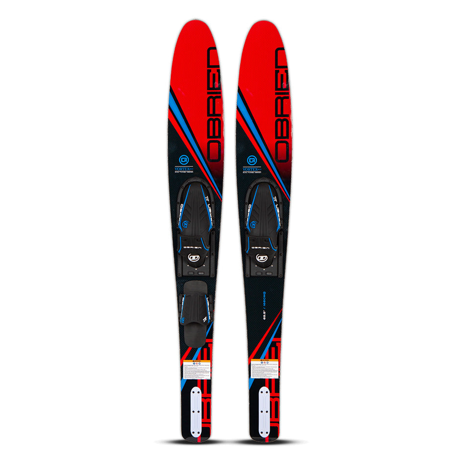 Top and base view of the O'Brien Vortex 65.5" Combo Waterskis in red with black and blue details, and adjustable bindings.