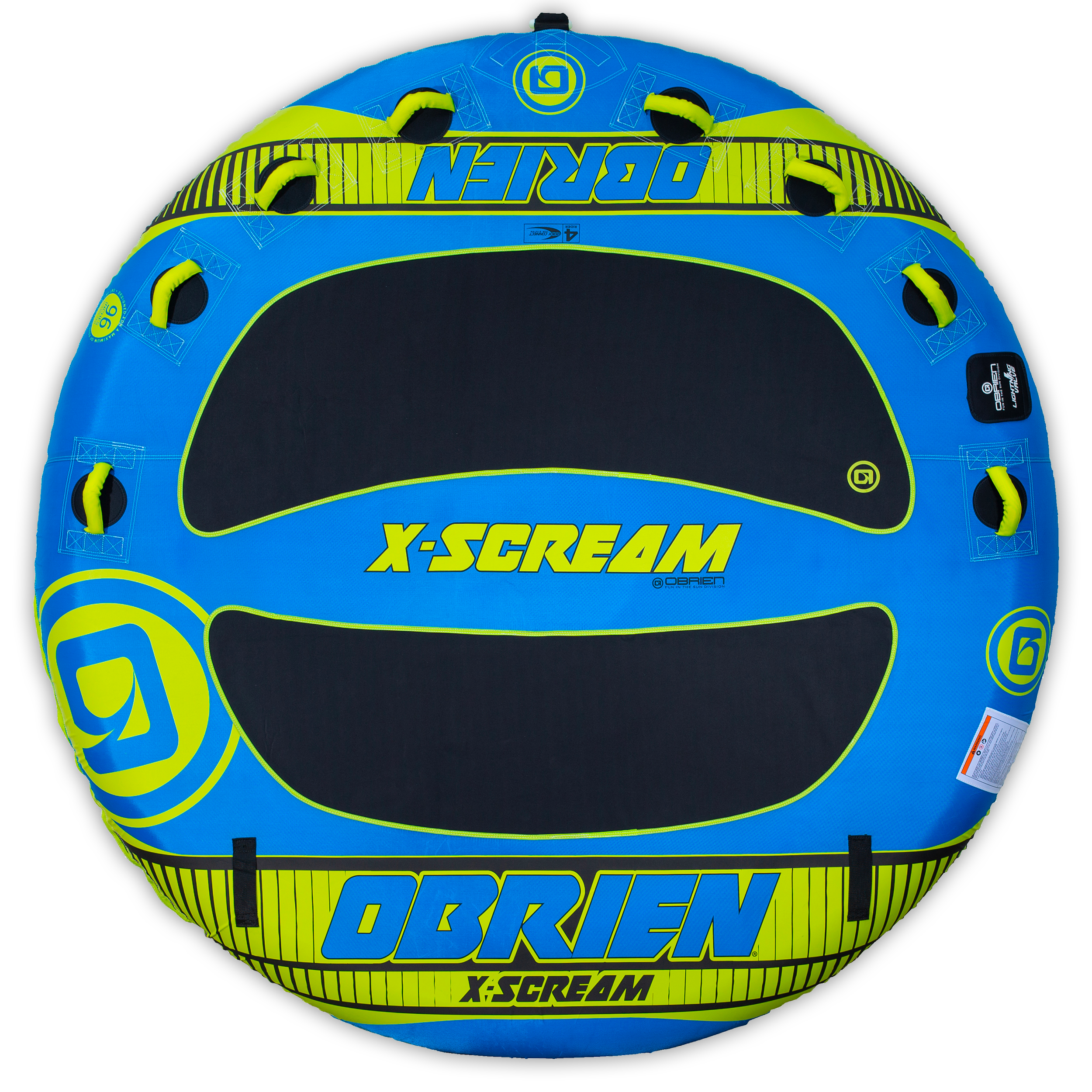 Top view of the large blue and black O'Brien X-Scream, a four-rider towable tube with handles and a cushioned top.