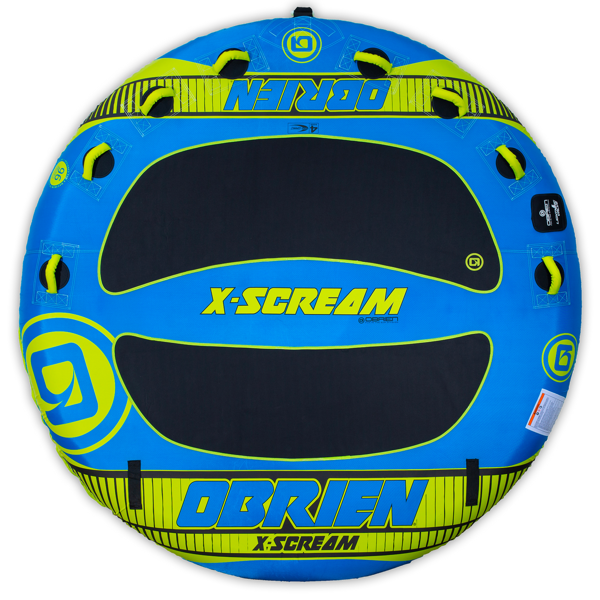 Top view of the large blue and black O'Brien X-Scream, a four-rider towable tube with handles and a cushioned top.