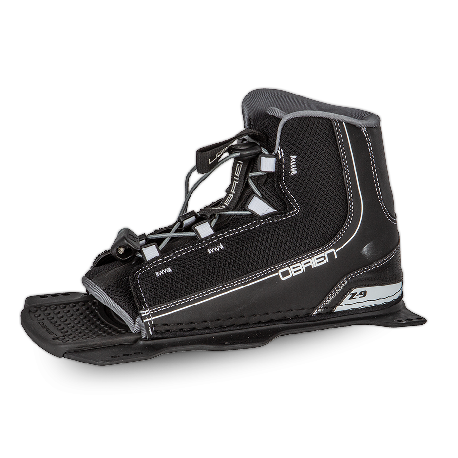Angled view of the O'Brien Z9 Front Waterski Binding in black with gray accents, open-toe design and lace adjustment.