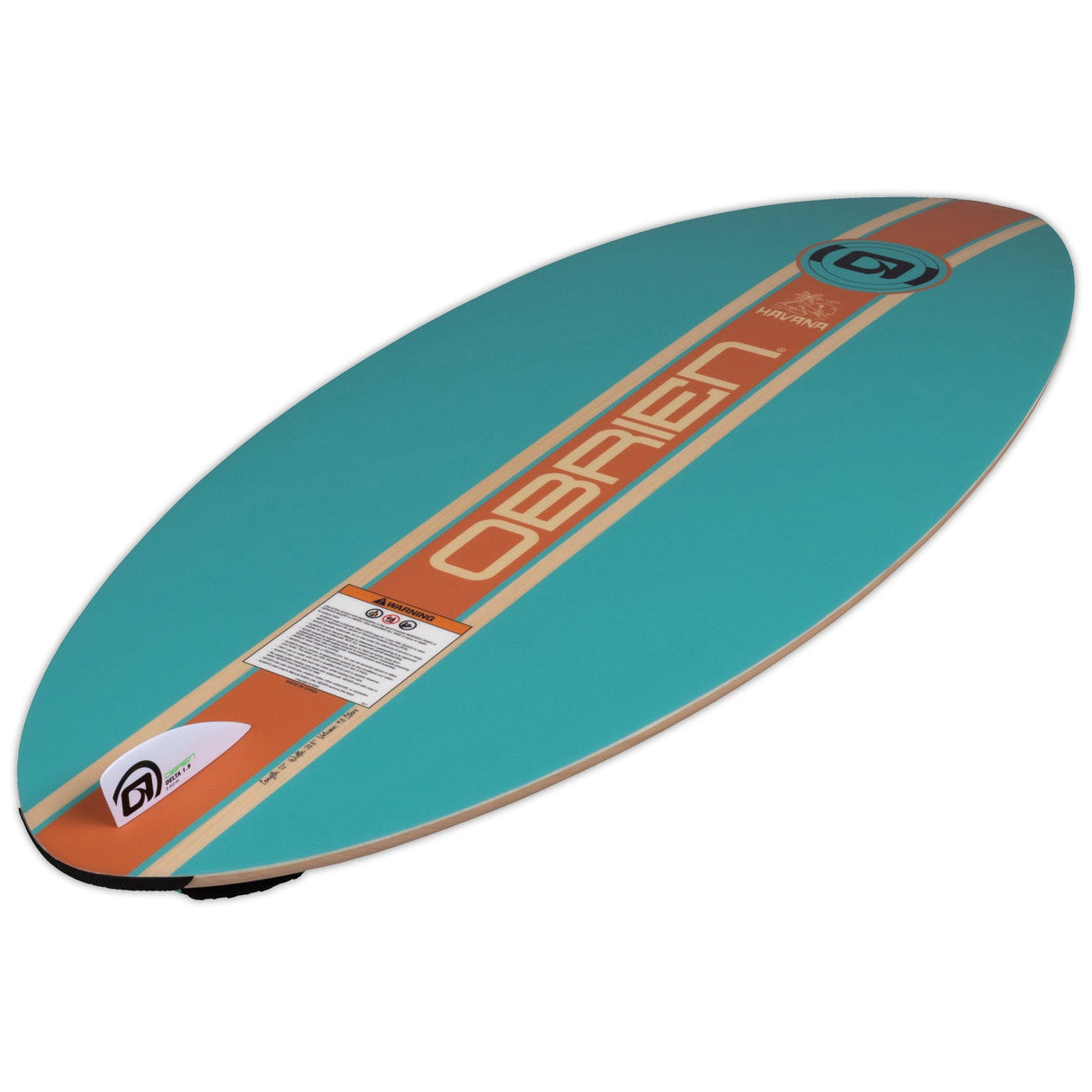 Angled bottom view of the teal and woodgrain Havana wakesurfer.