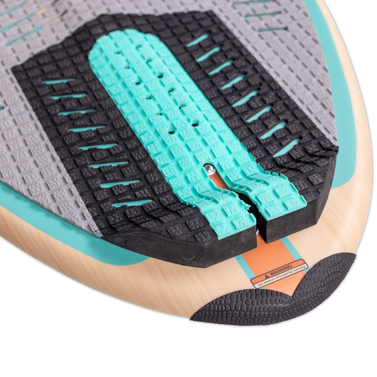 Detail closeup of the teal, black, and gray footpad on the Havana wakesurf board.