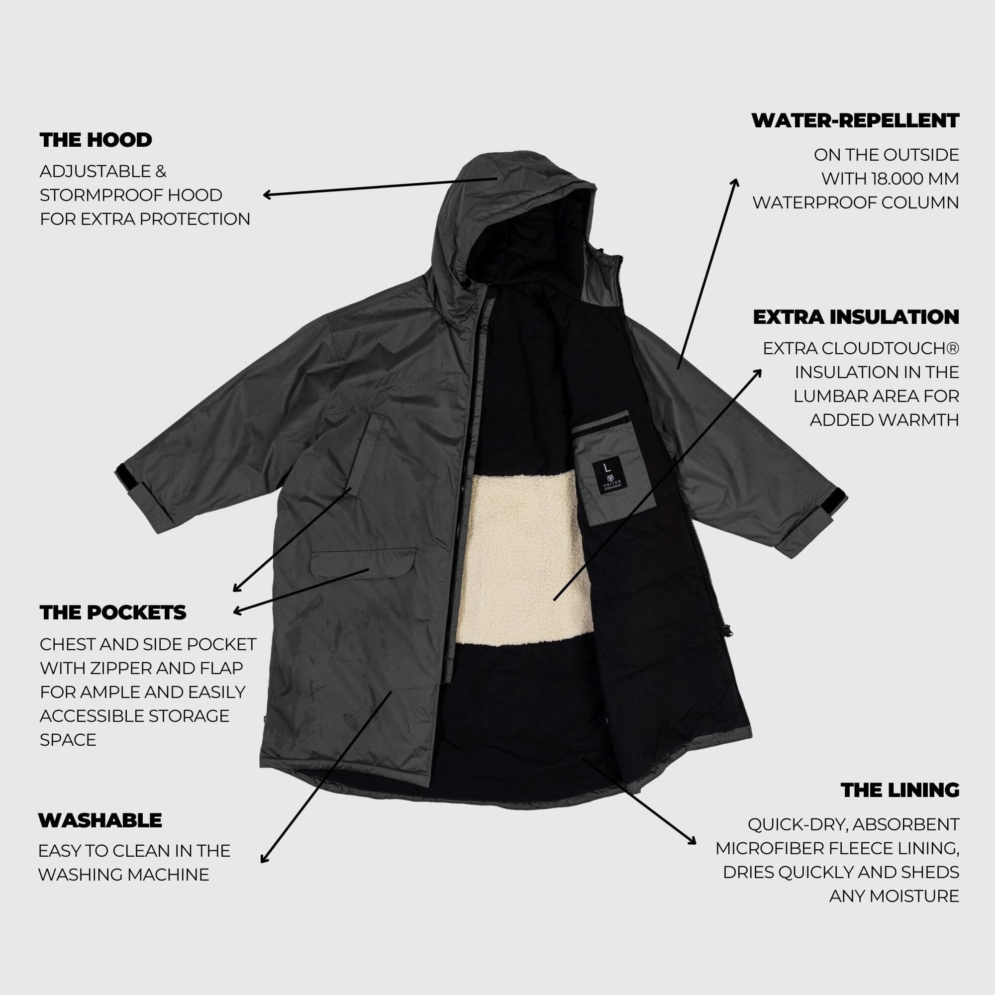 VOITED 3rd Edition Outdoor Changing Robe & Drycoat for Surfing, Camping, Vanlife & Wild Swimming - Black