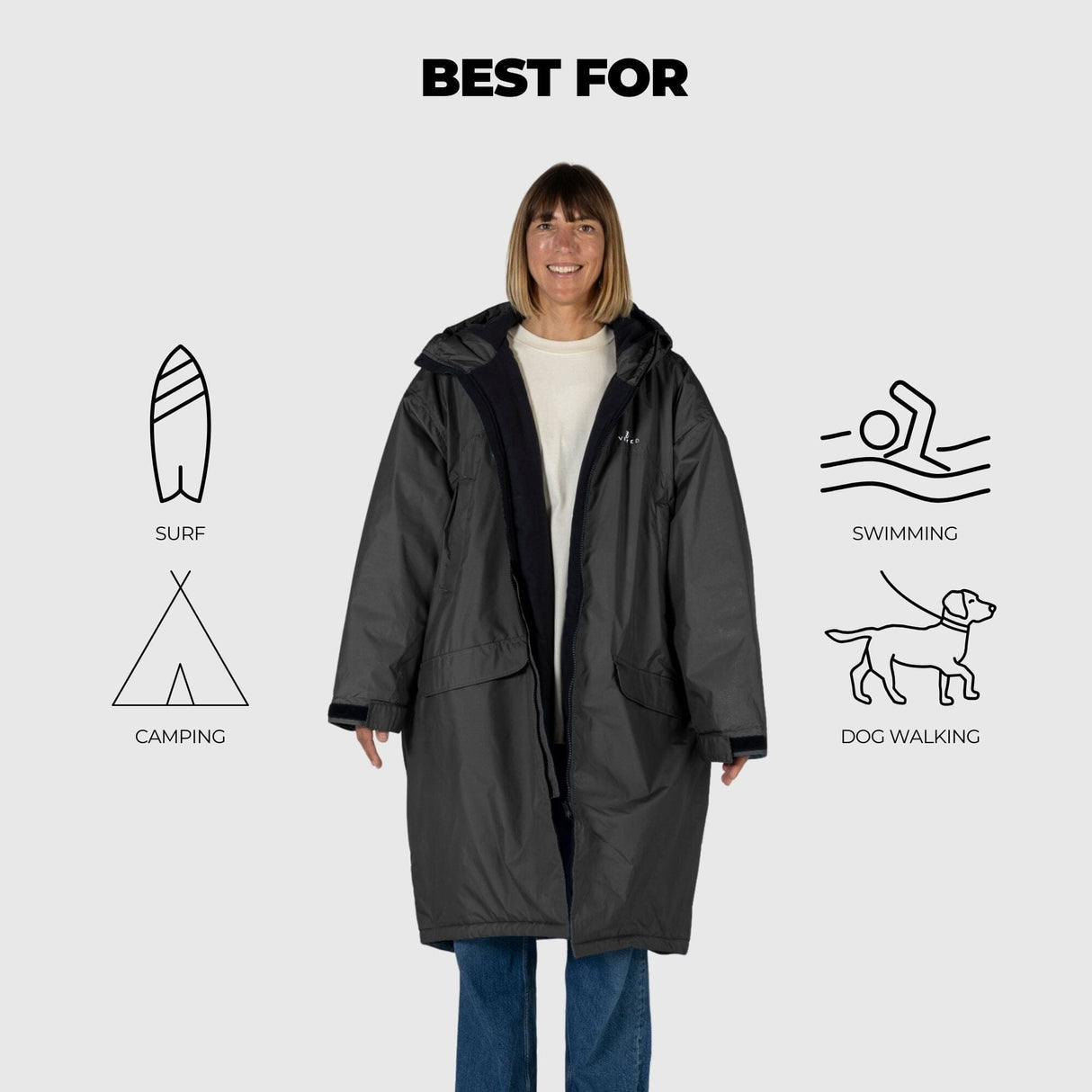 VOITED 3rd Edition Outdoor Changing Robe & Drycoat for Surfing, Camping, Vanlife & Wild Swimming - Black