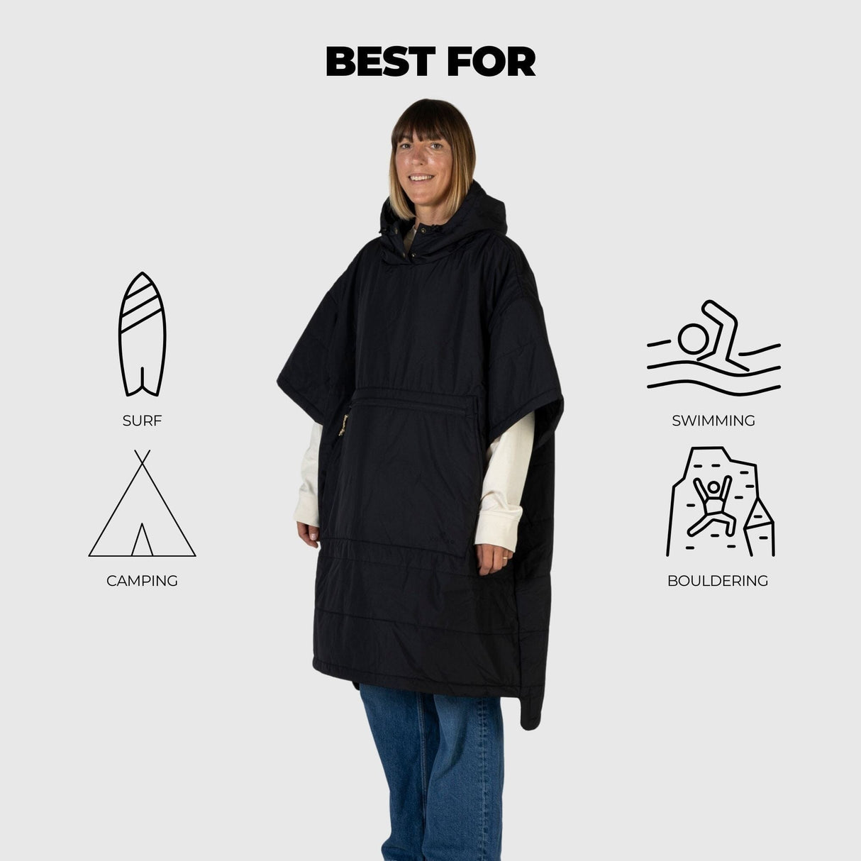 VOITED 3rd Edition Outdoor Poncho for Surfing, Camping, Vanlife & Wild Swimming - Black