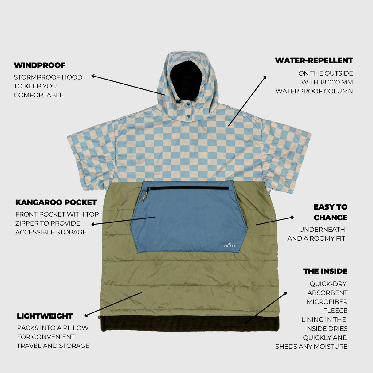 VOITED 3rd Edition Outdoor Poncho for Surfing, Camping, Vanlife & Wild Swimming - Blue Dancer