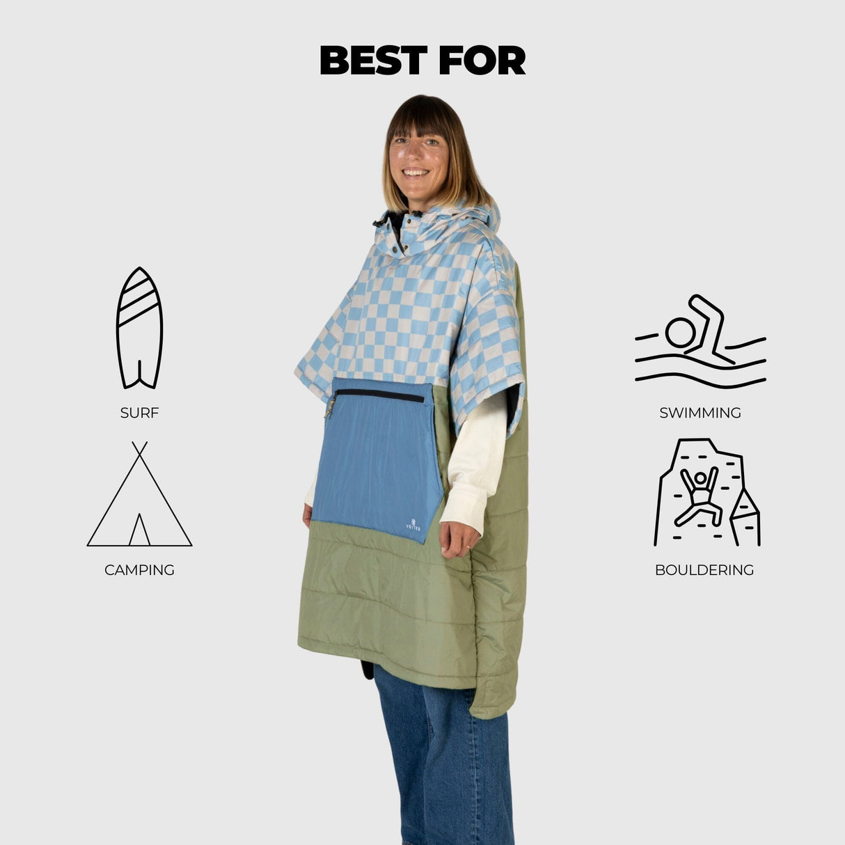 VOITED 3rd Edition Outdoor Poncho for Surfing, Camping, Vanlife & Wild Swimming - Blue Dancer