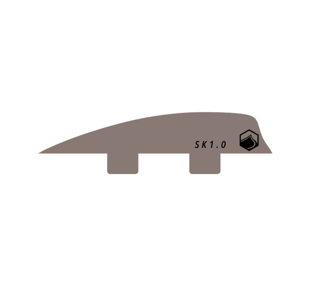 Illustration of a surfboard fin kit labeled SK Dual Tab Fin with a logo.