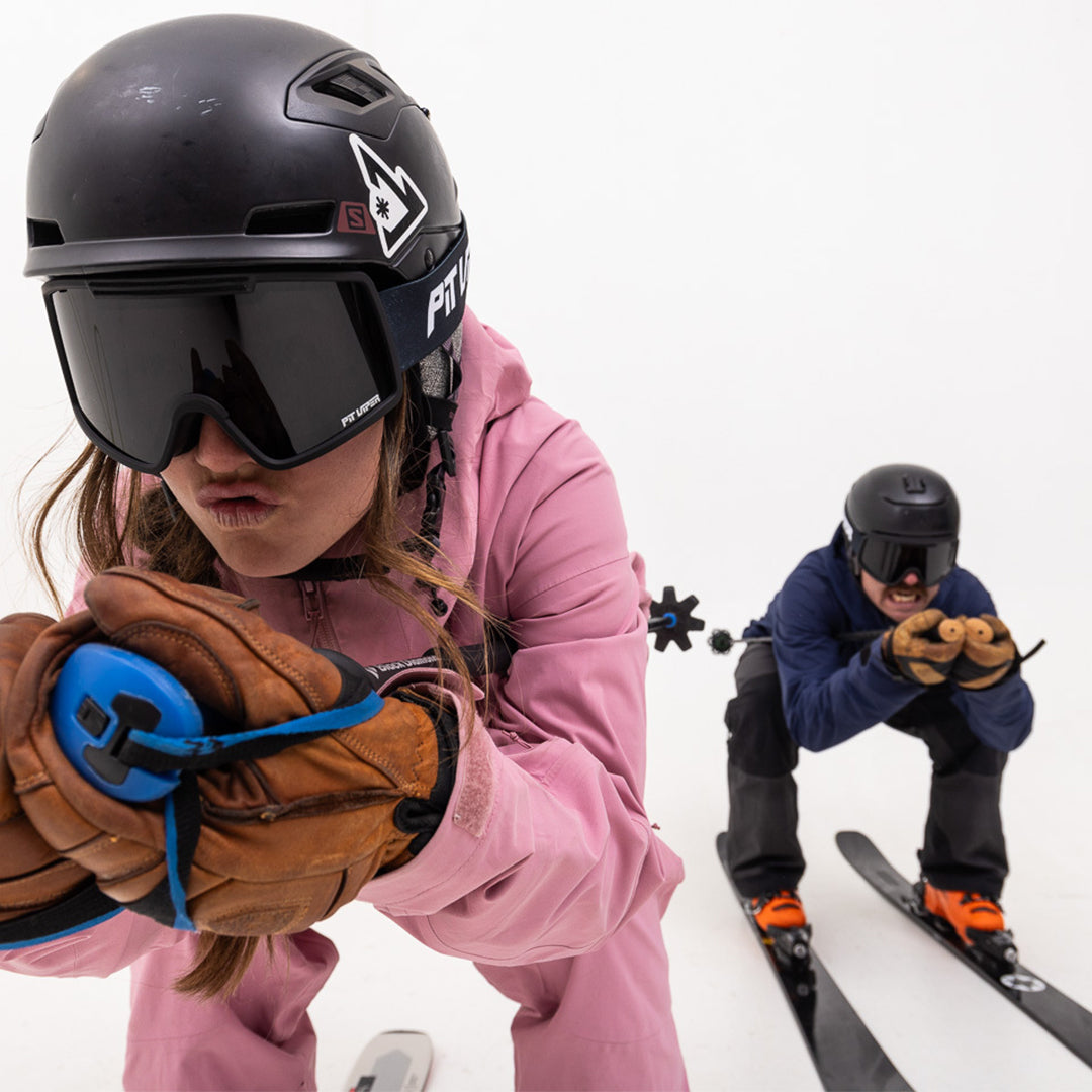 Small / Smoke | Large / Smoke | Two people skiing wearing the French Fry Goggles from Pit Viper Sunglasses