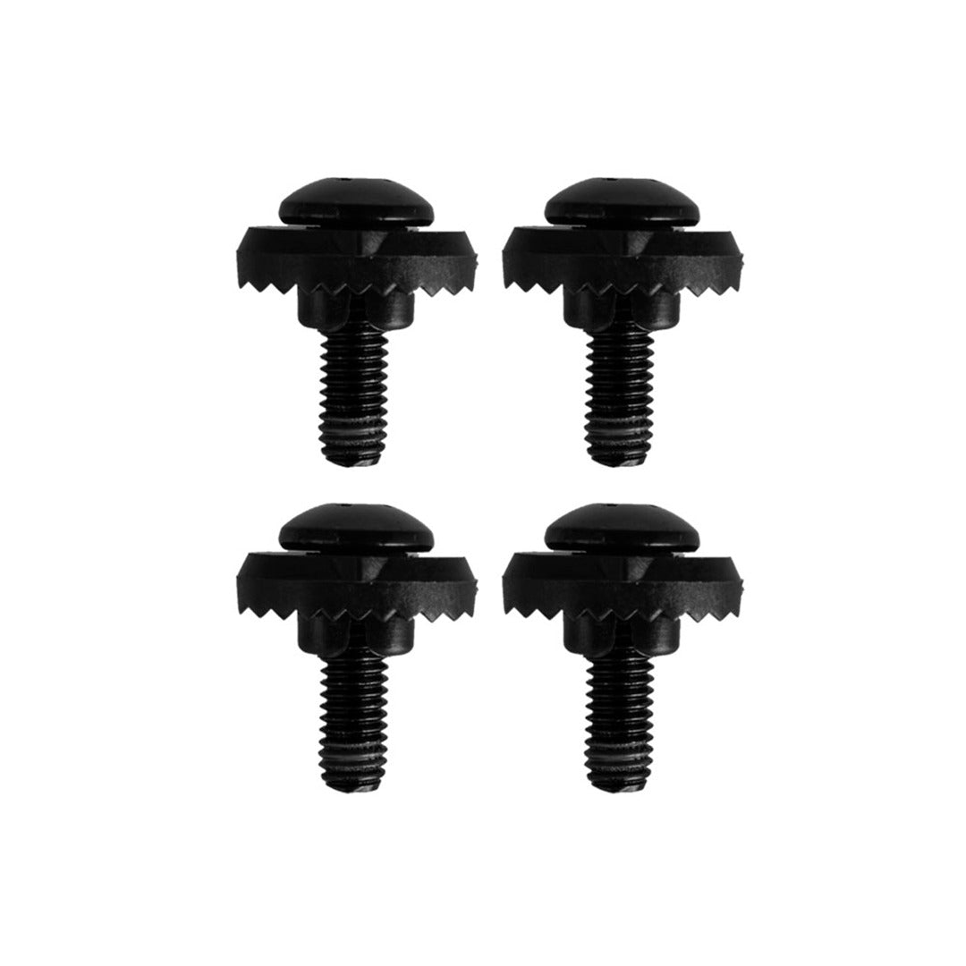 Four black binding bolts with ridged washers are arranged in two rows on a white background.