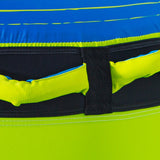 Close-up of blue and lime green OBrien Sombrero Towable Tube with black and green handles.