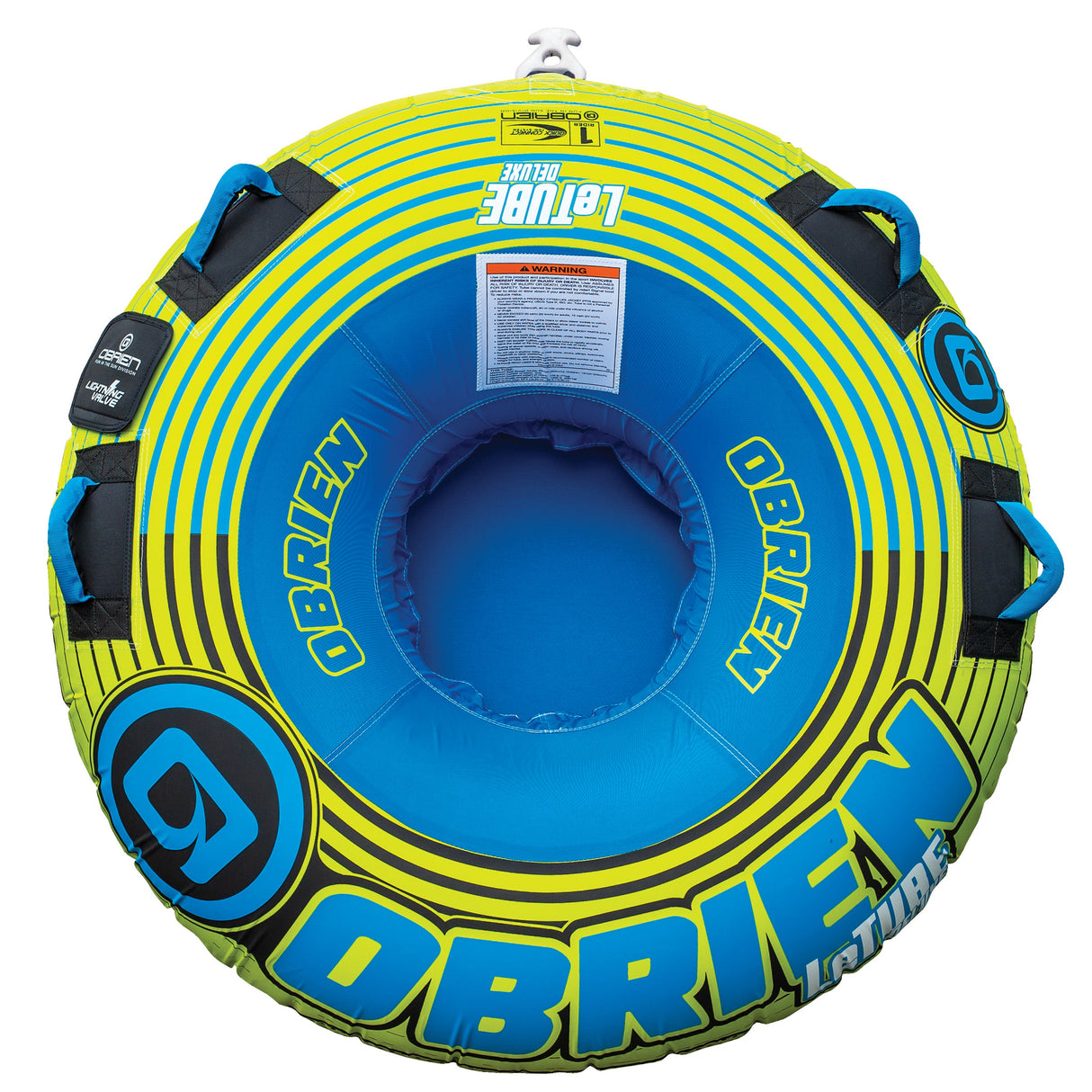 Blue/yellow OBrien LeTube Deluxe with handles and branding.